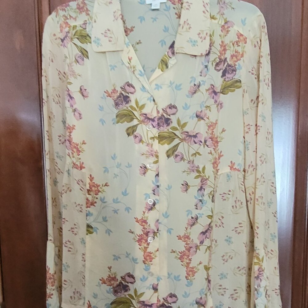 J. Jill pale yellow sheer, floral blouse size XS